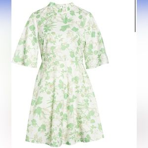 Mock Ruffle Neck Floral Print Fit & Flare Minidress with Pockets